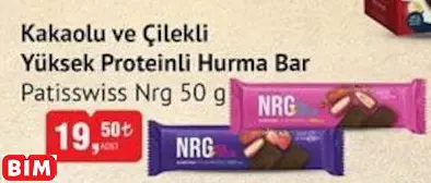 PATİSSWİSS NRG  KAKAOLU VE ÇİLEKLİ  YÜKSEK PROTEİNLİ HURMA BAR